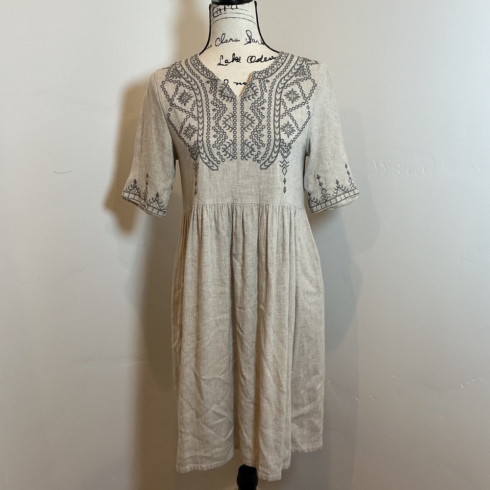 Hidden Alley Embroidered Dress Womens S Oatmeal Linen Blend Excellent Boho Shift